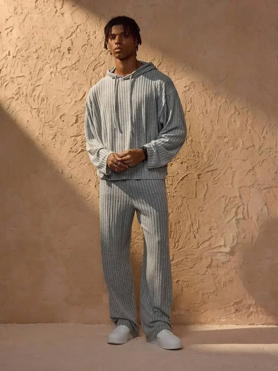 Mens Ribbed Knit Drop Shoulder Drawstring Hoodie And Pants Two Piece Set
Mens Ribbed Knit Drop Shoulder Drawstring Hoodie And Pants Two Piece Set