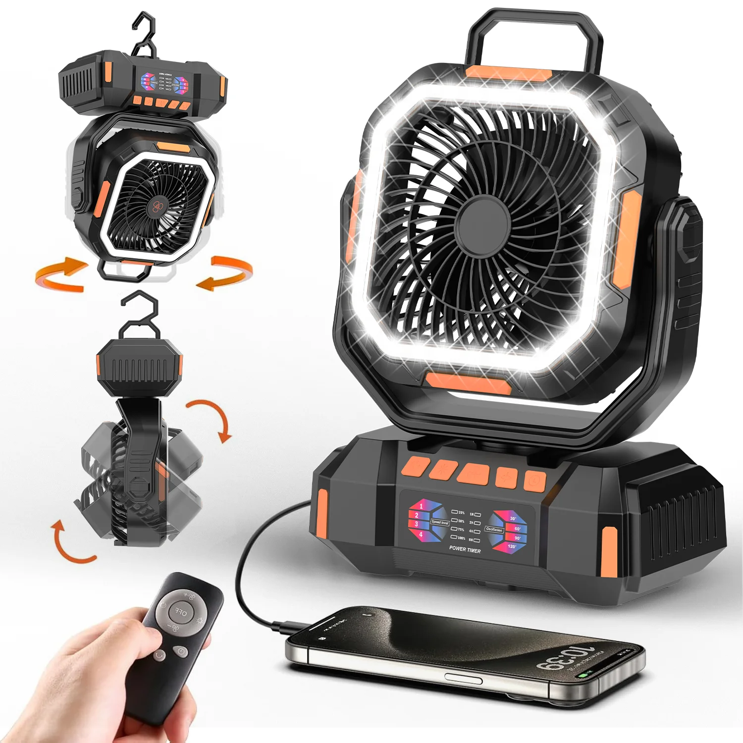 Camping Fan - 40000mAh battery-powered fan, rechargeable, with LED light and hanging hook, four speeds, safety controller, black
Camping Fan - 40000mAh battery-powered fan, rechargeable, with LED light and hanging hook, four speeds, safety controller, black