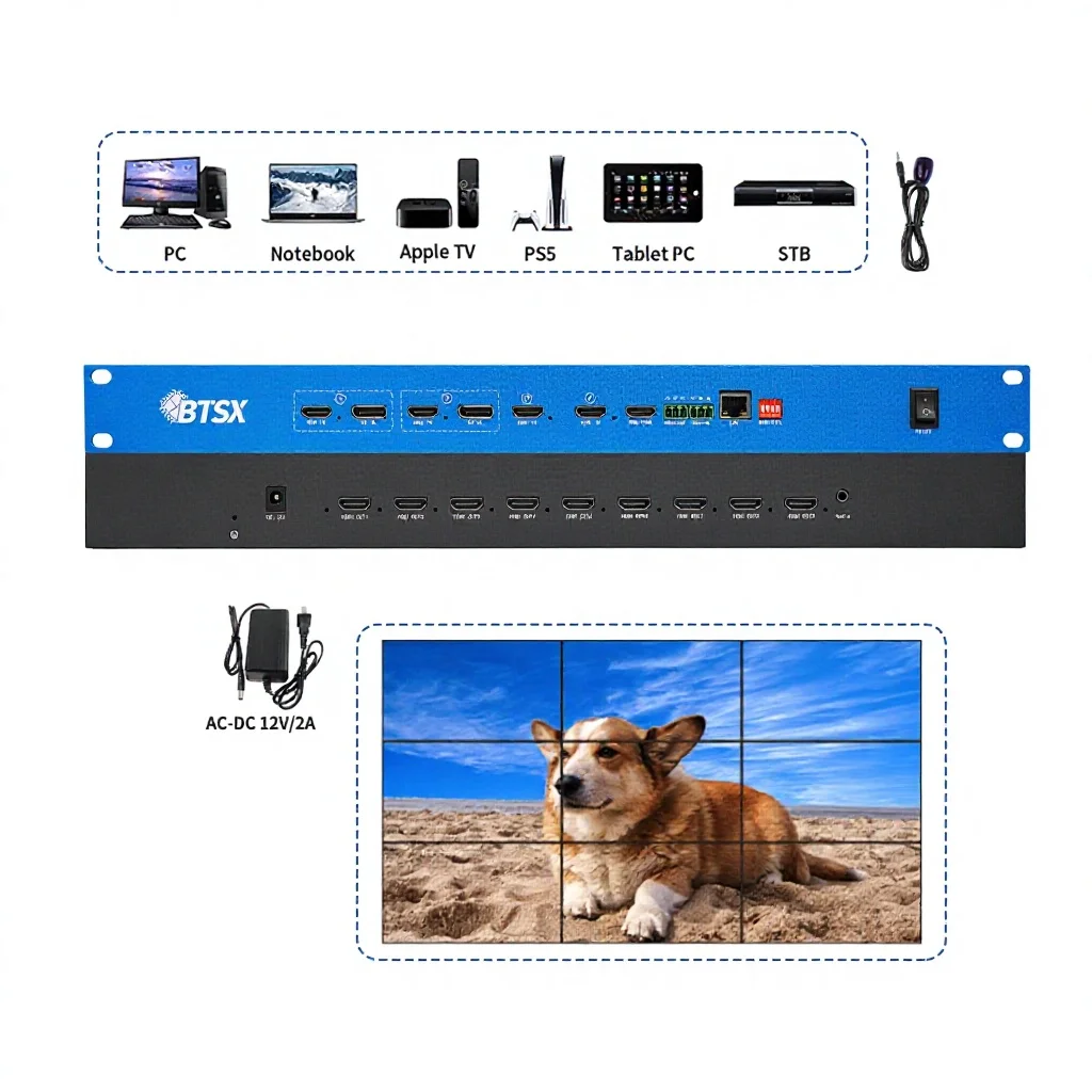 4 in 9 Out Video Processor 2X4 3X3 Zero-latency Video Switcher 4K60 Video Wall Controller Exhibition Display Controller
4 in 9 Out Video Processor 2X4 3X3 Zero-latency Video Switcher 4K60 Video Wall Controller Exhibition Display Controller