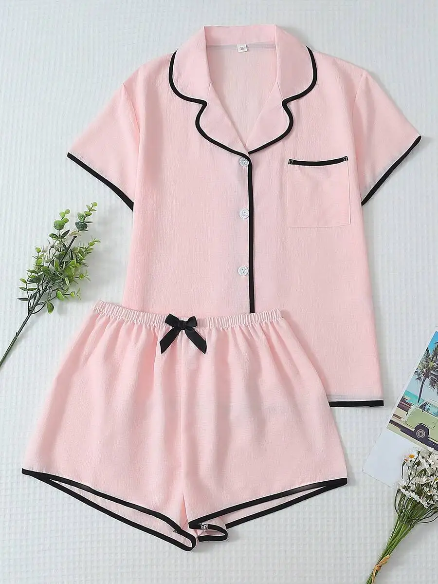 Womens 2-Piece Pajama Set With Collar Top And Bow Shorts
Womens 2-Piece Pajama Set With Collar Top And Bow Shorts