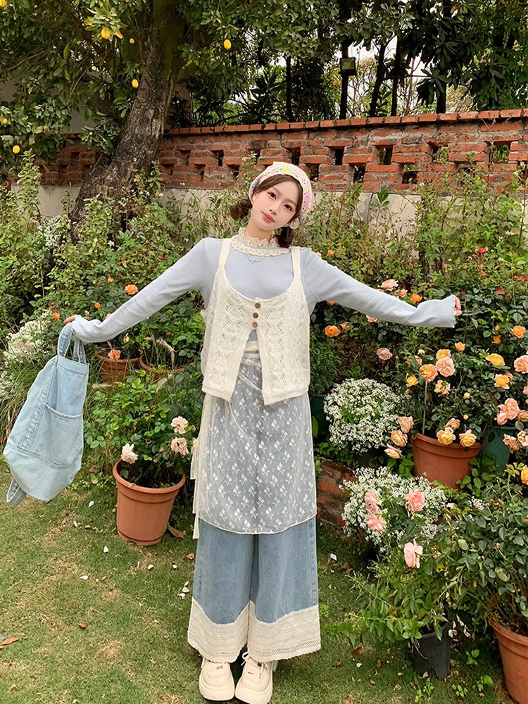 Нежный вязаный комплект, женский осенний фартук Me, джинсовые брюки, корейский комплект из четырех предметов, многослойный караоль с рюшами под irt
Нежный вязаный комплект, женский осенний фартук Me, джинсовые брюки, корейский комплект из четырех предметов, многослойный караоль с рюшами под irt