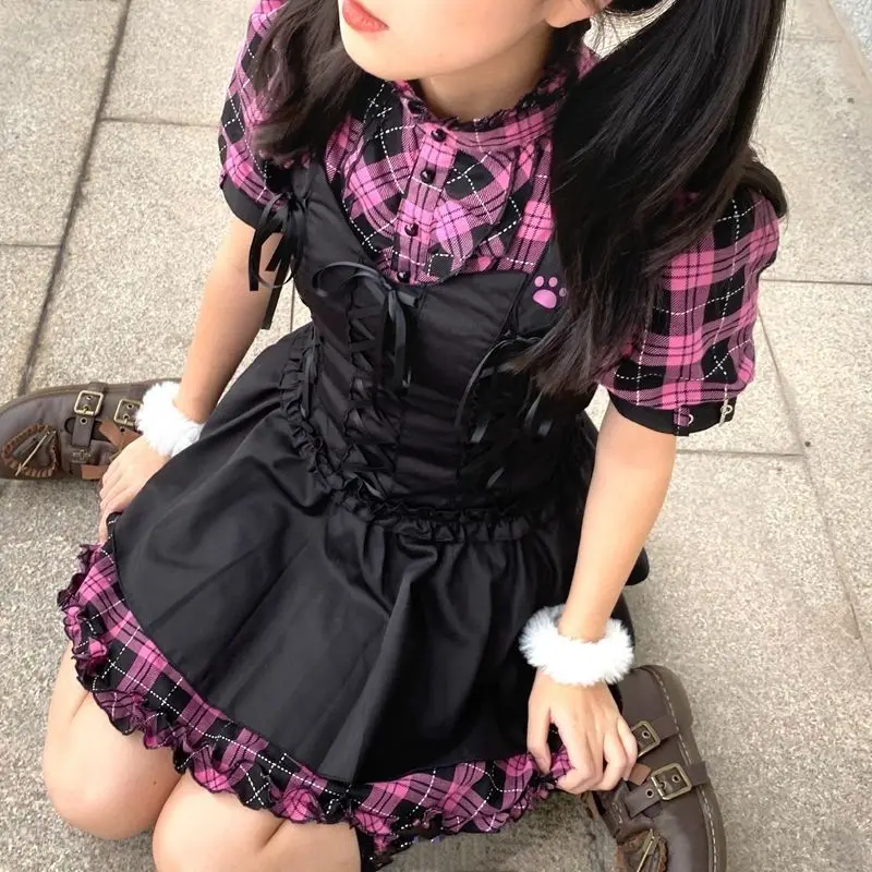Japanese Lolita Sweet Cool Black Purple Rock Cat JK Plaid Slim Girl Detachable Sleeves with Ruffle Edge Panel Party Strap Dress
Japanese Lolita Sweet Cool Black Purple Rock Cat JK Plaid Slim Girl Detachable Sleeves with Ruffle Edge Panel Party Strap Dress