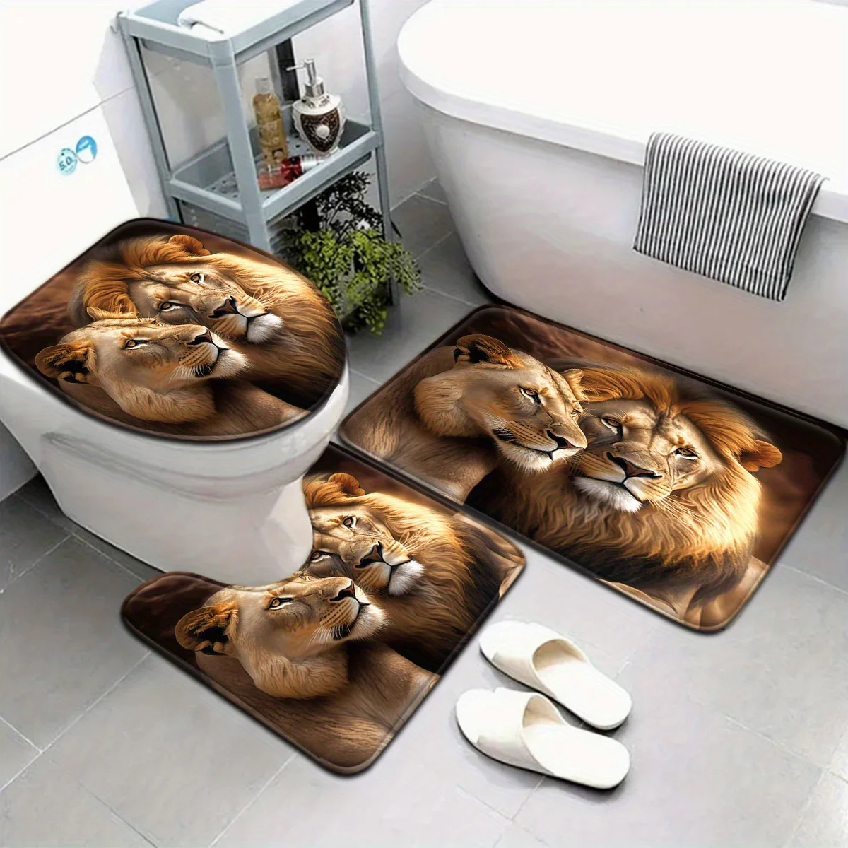 3pcs Lion Couple Bathroom Rug Set Non-Slip U-Shaped Mat and Toilet Lid Cover Animal Love Theme Washable Indoor Floor Mats
3pcs Lion Couple Bathroom Rug Set Non-Slip U-Shaped Mat and Toilet Lid Cover Animal Love Theme Washable Indoor Floor Mats