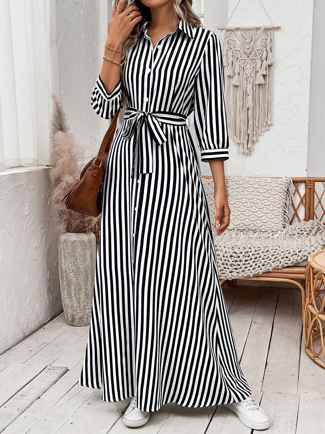 Striped Shirt Maxi Dress With Tie Waist For Women
Striped Shirt Maxi Dress With Tie Waist For Women