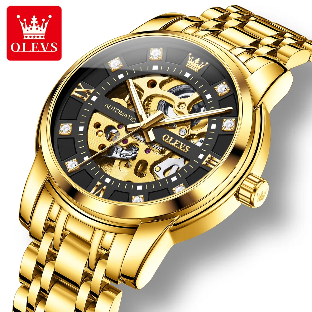OLEVS Фирменные новые модные механические часы со скелетом для мужчин, светящиеся водонепроницаемые золотые полые часы из нержавеющей стали, мужские часы Relogio 
OLEVS Фирменные новые модные механические часы со скелетом для мужчин, светящиеся водонепроницаемые золотые полые часы из нержавеющей стали, мужские часы Relogio