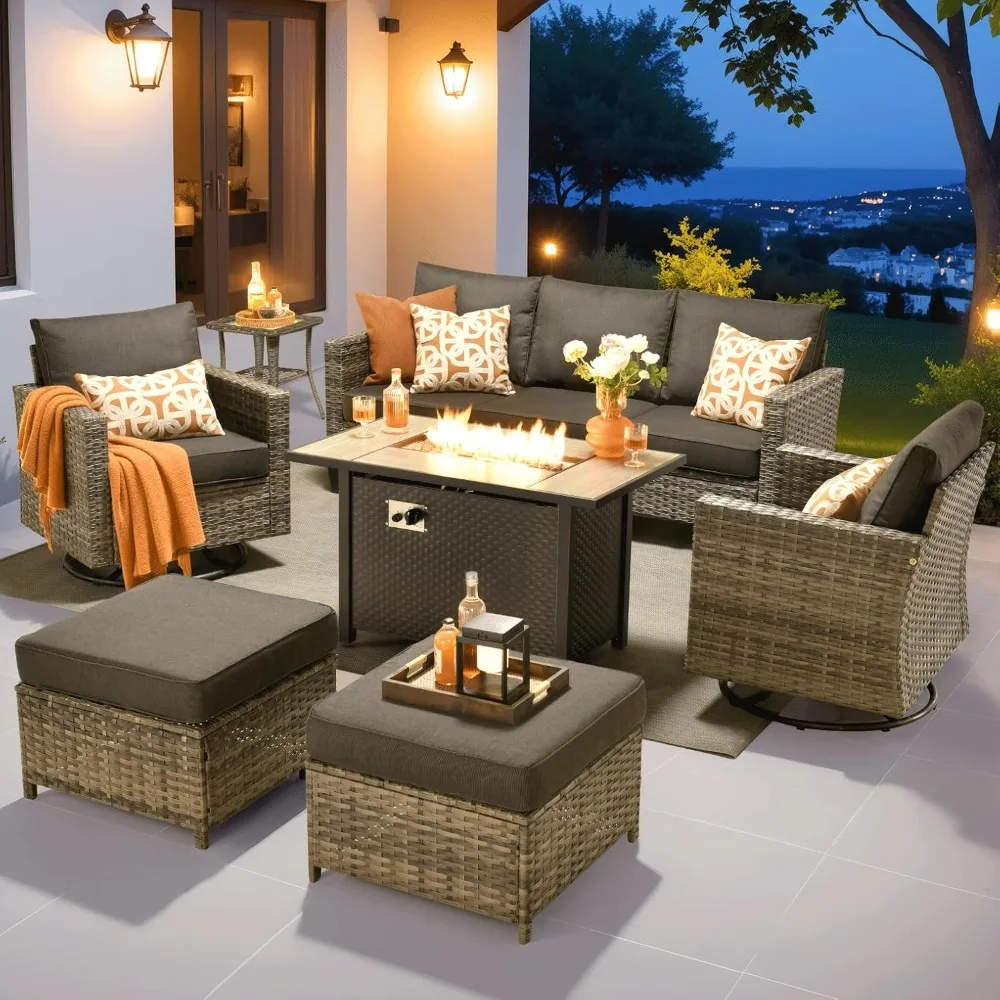 7 Pieces Patio Furniture Set with 42 Fire Pit Table, Outdoor Wicker Sofa with Swivel Chairs, All Weather High Back Rattan
7 Pieces Patio Furniture Set with 42 Fire Pit Table, Outdoor Wicker Sofa with Swivel Chairs, All Weather High Back Rattan