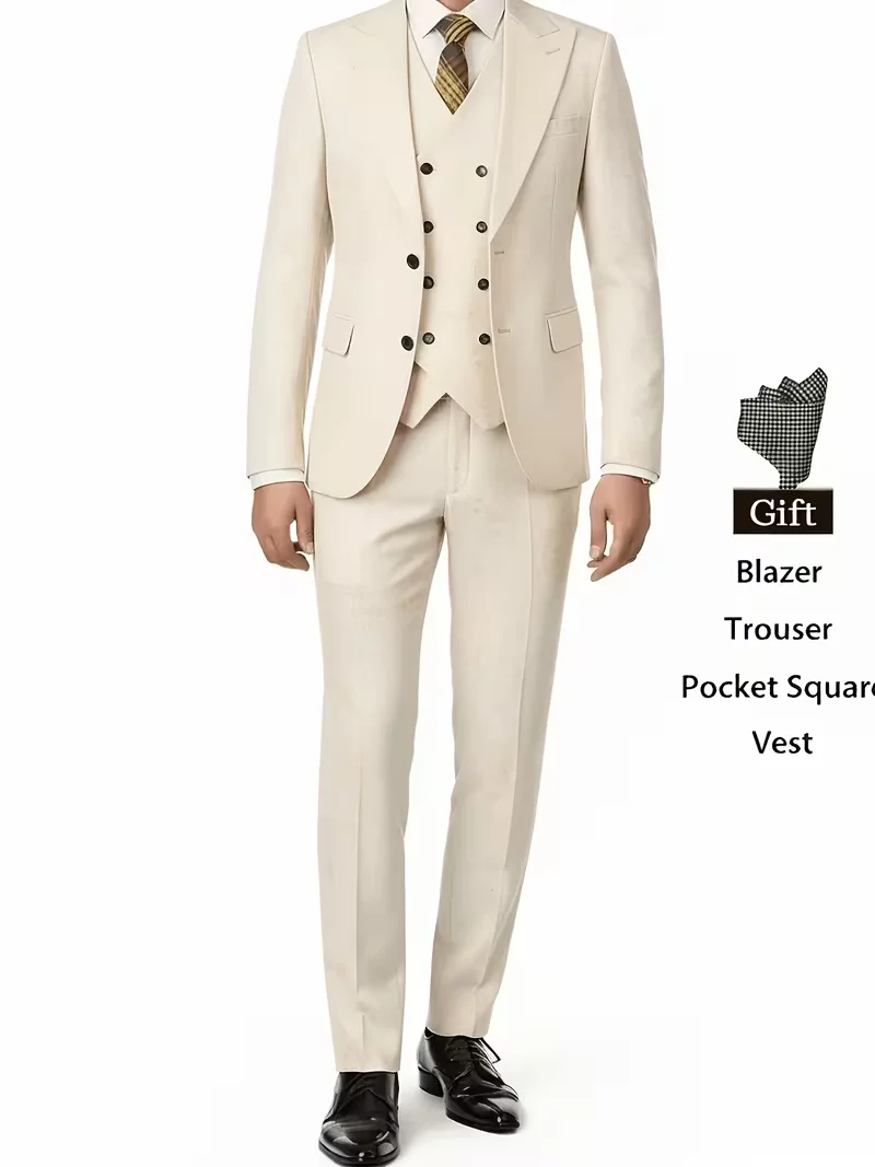 Ivory Double Breasted Three Piece Men Suit Slim Fit Wedding Groom Formal Outfit Blazer Vest Trousers Free Pocket Square
Ivory Double Breasted Three Piece Men Suit Slim Fit Wedding Groom Formal Outfit Blazer Vest Trousers Free Pocket Square