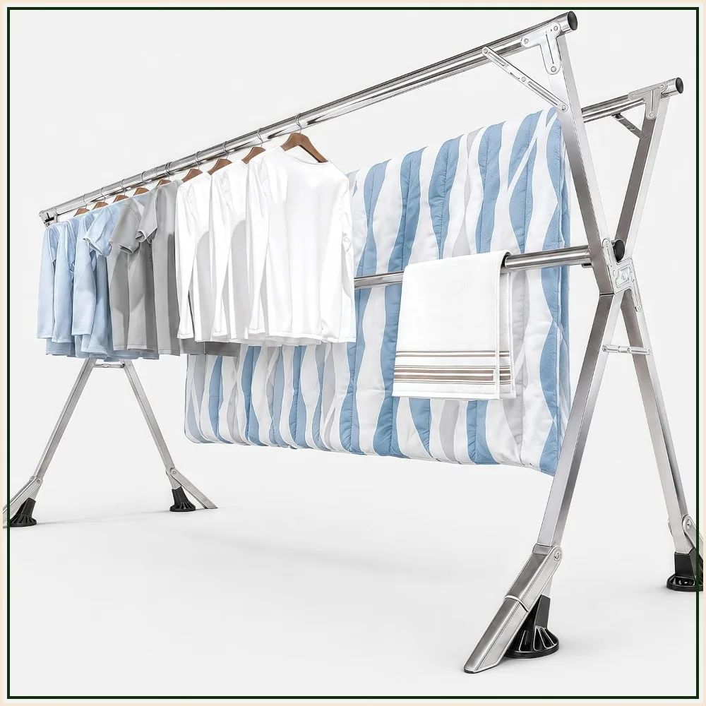 95 Inch Windproof Clothes Drying Rack, Heavy Duty Stainless Steel Folding Laundry Rack for Indoor Outdoor Use, Collapsible with 20 Hooks & 12 Clips
95 Inch Windproof Clothes Drying Rack, Heavy Duty Stainless Steel Folding Laundry Rack for Indoor Outdoor Use, Collapsible with 20 Hooks & 12 Clips