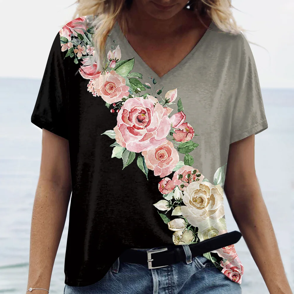 Fashion Designer V-neck T shirt Flower Print Trend Color-blocking Women's T-shirts Summer Loose Women Clothing Casual Pullover
Fashion Designer V-neck T shirt Flower Print Trend Color-blocking Women's T-shirts Summer Loose Women Clothing Casual Pullover