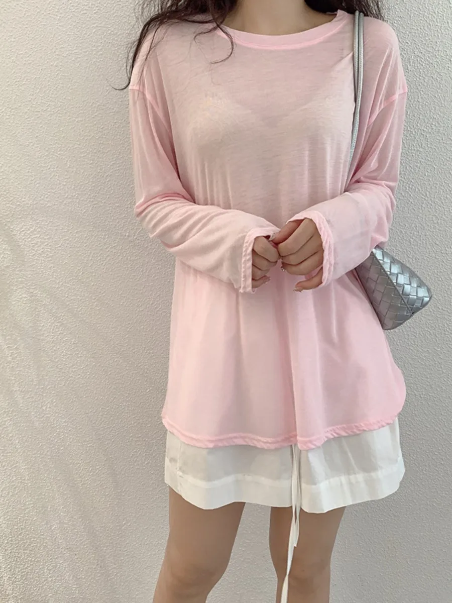 Sweet Thin Sun Protection T-shirts Women Summer Casual Streetwear Lyocell O-neck Long Sleeve Tees Chic Preppy Style Tops Y2K New 
Sweet Thin Sun Protection T-shirts Women Summer Casual Streetwear Lyocell O-neck Long Sleeve Tees Chic Preppy Style Tops Y2K New