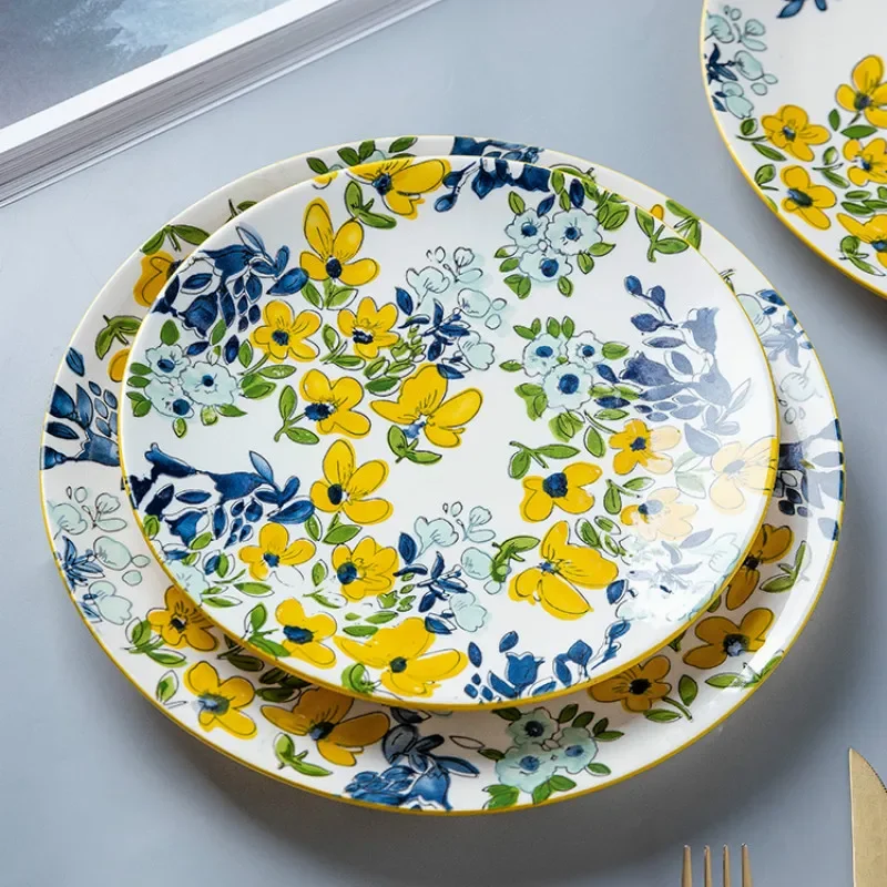 Керамическая домашняя круглая тарелка для стейка с цветочным узором, японская посуда, плоская тарелка для завтрака, поднос для ресторана, отеля
Керамическая домашняя круглая тарелка для стейка с цветочным узором, японская посуда, плоская тарелка для завтрака, поднос для ресторана, отеля