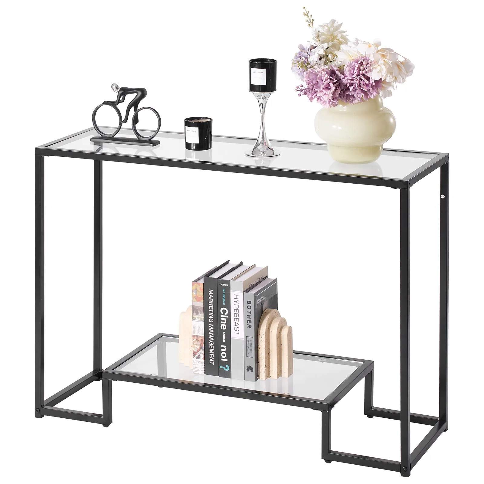 2-Tier Glass Console Table Rectangle Sofa Side Table with Anti-Tip Black
2-Tier Glass Console Table Rectangle Sofa Side Table with Anti-Tip Black