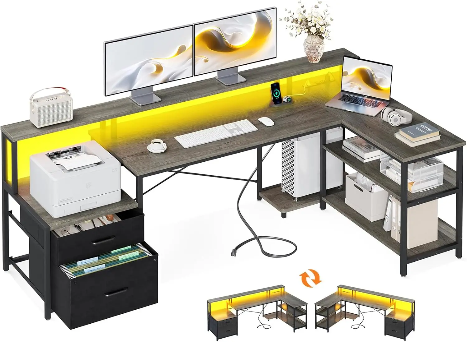 Стол ODK L-образной формы с ящиком для файлов, двусторонний L-образный компьютерный стол 75 дюймов с розеткой и светодиодной лентой, офисный стол с
Стол ODK L-образной формы с ящиком для файлов, двусторонний L-образный компьютерный стол 75 дюймов с розеткой и светодиодной лентой, офисный стол с