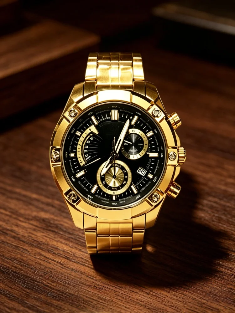 Gold-tone Racing Quartz Watch: Full-function with built-in calendar and three-subdial design
Gold-tone Racing Quartz Watch: Full-function with built-in calendar and three-subdial design
