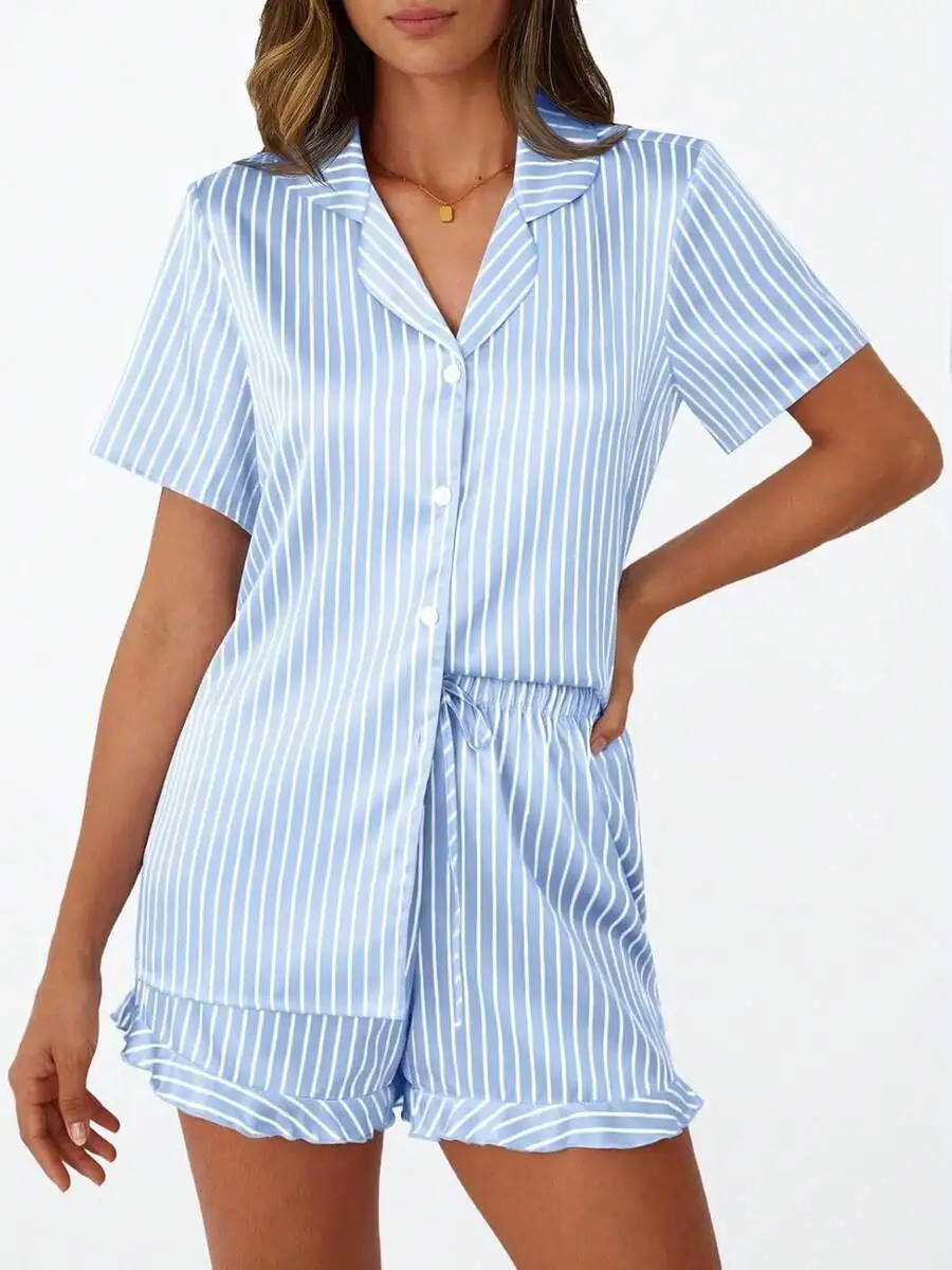 Women Satin Striped Button Down Pajama Set With Ruffle Shorts
Women Satin Striped Button Down Pajama Set With Ruffle Shorts