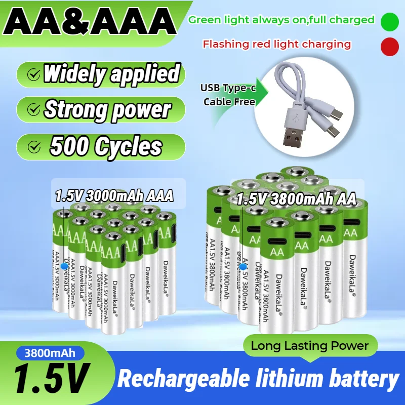 USB C Rechargeable AA AAA Batteries 1.5V Lithium Ion, 3800mAh AA 3000mAh AAA Fast Charging, for Camera Mouse Keyboard
USB C Rechargeable AA AAA Batteries 1.5V Lithium Ion, 3800mAh AA 3000mAh AAA Fast Charging, for Camera Mouse Keyboard
