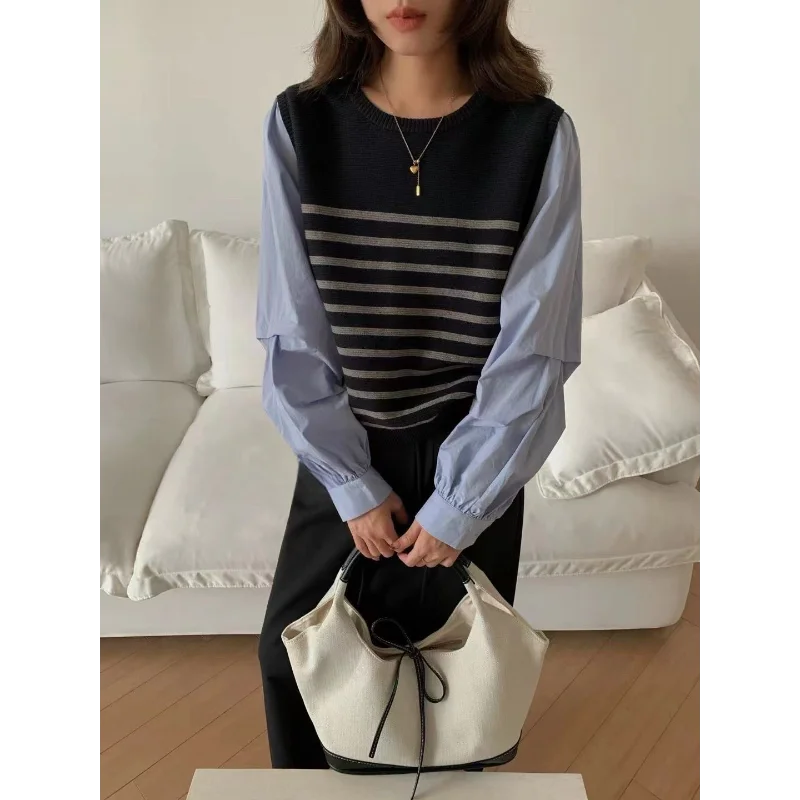 Spliced Striped Fake Two-piece Sweater for Women Spring 2025 New Puff Sleeve Sweater College Style Shirt
Spliced Striped Fake Two-piece Sweater for Women Spring 2025 New Puff Sleeve Sweater College Style Shirt