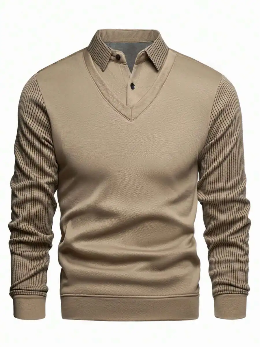 Men's V-Neck Long Sleeve Knit Shirt with Striped Sleeves, Casual Business Travel Wear
Men's V-Neck Long Sleeve Knit Shirt with Striped Sleeves, Casual Business Travel Wear