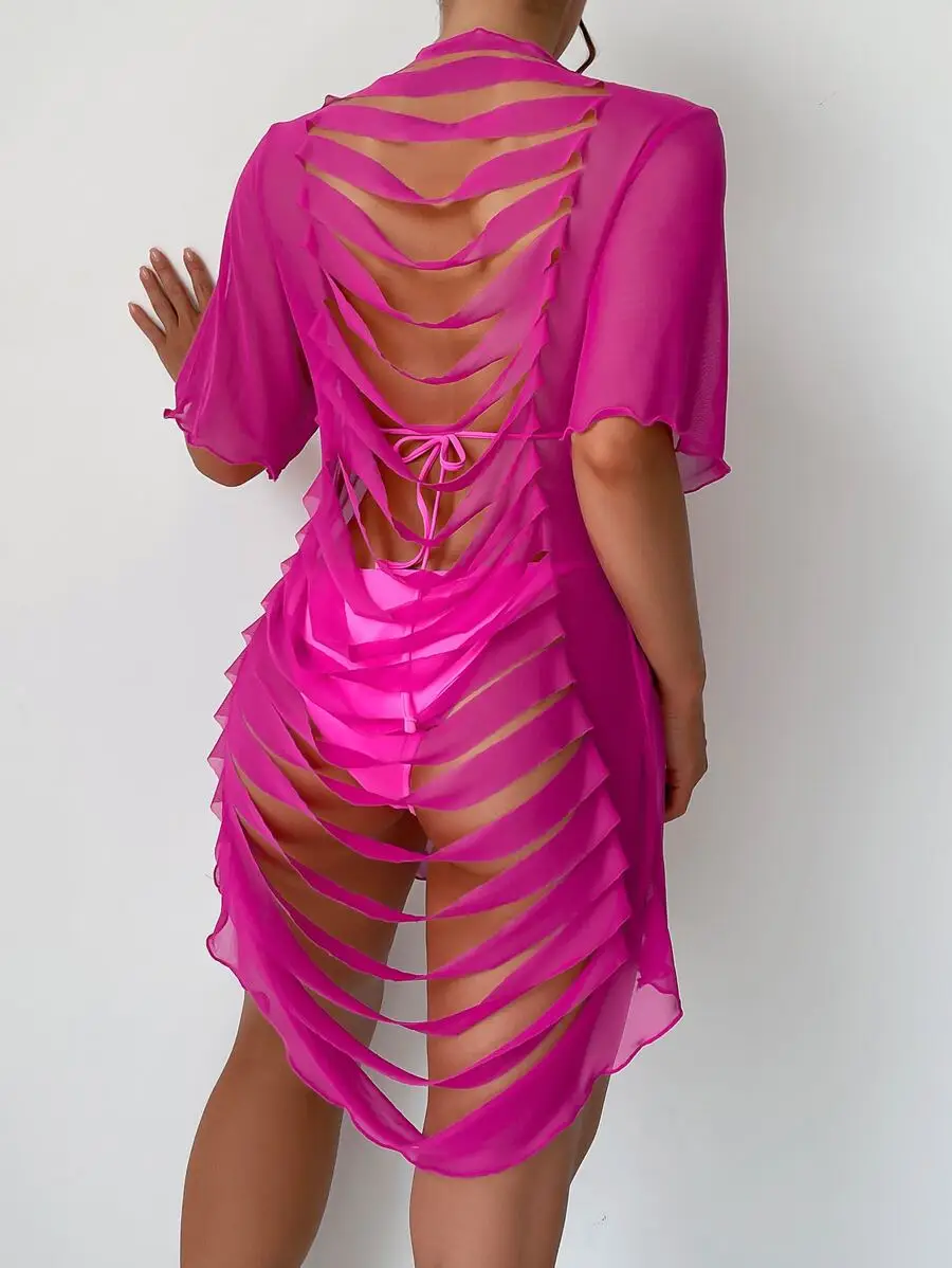 Women Solid Color Backless Ripped Short Sleeve Mesh Cover Up Dress For Vacation
Women Solid Color Backless Ripped Short Sleeve Mesh Cover Up Dress For Vacation