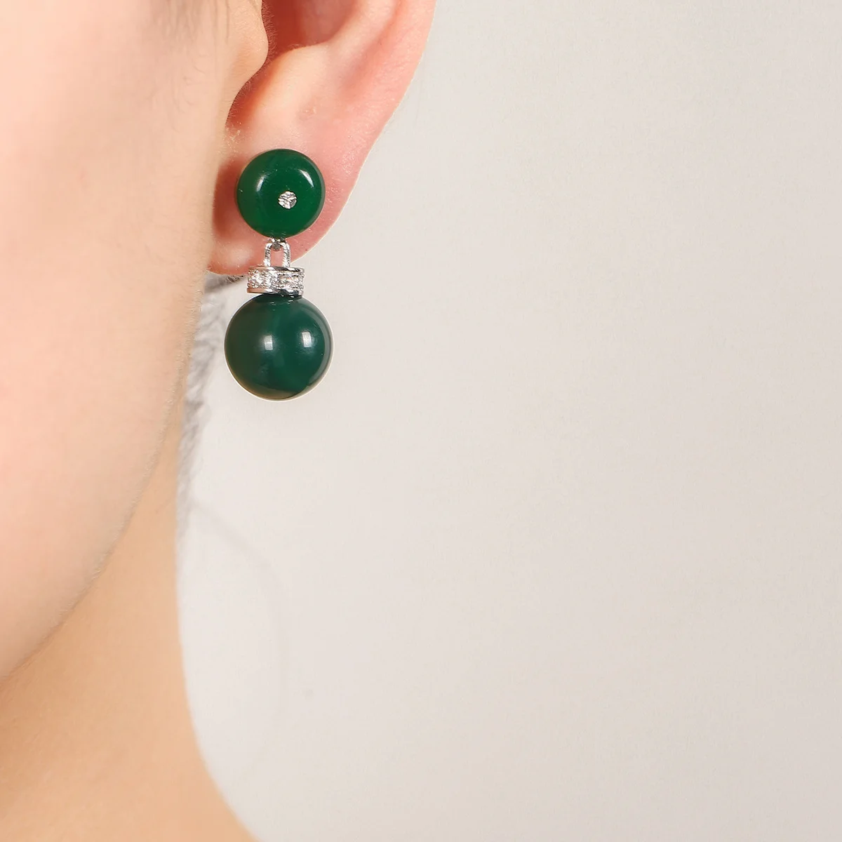 Silver Tone Green Agate Double Ball Drop Earrings with CZ Accents, Women's Minimalist Elegant Jewelry
Silver Tone Green Agate Double Ball Drop Earrings with CZ Accents, Women's Minimalist Elegant Jewelry