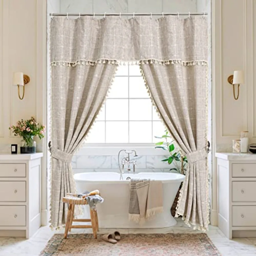 Tan Boho Double Swag Shower Curtain, Polyester Linen Fabric Shower Curtains for Farmhouse Bathroom Decor, Brown Cloth Shower Cu
Tan Boho Double Swag Shower Curtain, Polyester Linen Fabric Shower Curtains for Farmhouse Bathroom Decor, Brown Cloth Shower Cu