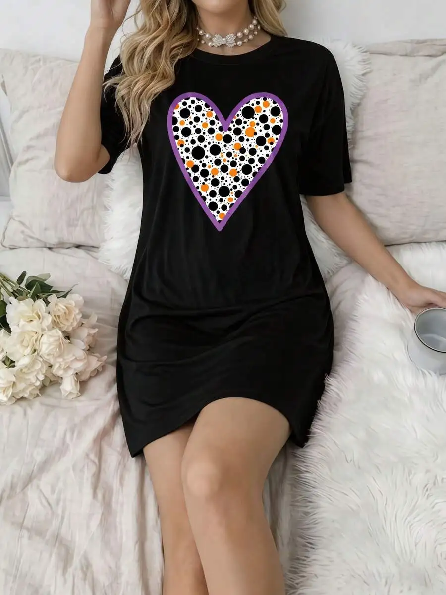 Womens Black Short Sleeve Sleep Dress With Polka Dot Heart Print, Relaxed Fit Loungewear
Womens Black Short Sleeve Sleep Dress With Polka Dot Heart Print, Relaxed Fit Loungewear