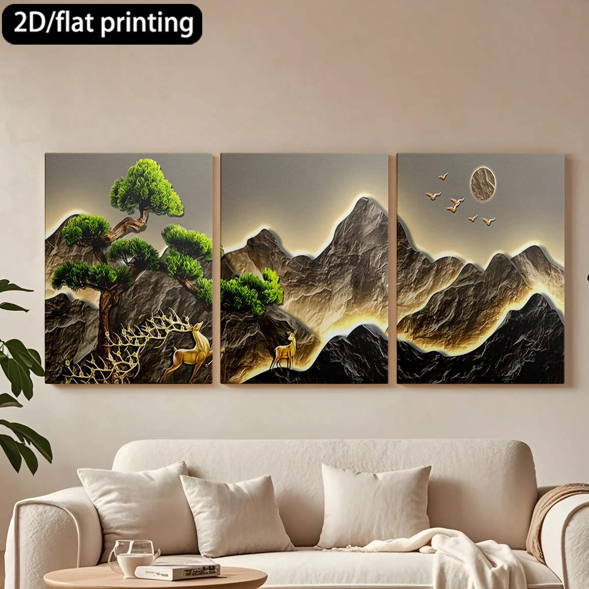 2D flat printing 3pc wooden frame canvas decorative painting Mountain-scape, pine, deer, birds.Corridor bedroom decoration
2D flat printing 3pc wooden frame canvas decorative painting Mountain-scape, pine, deer, birds.Corridor bedroom decoration
