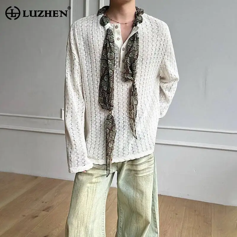 LUZHEN 2026 New Ribbon Scarf Decorate Mesh Long Sleeve Knitted T-shirts Men's Fashion Handsome Casual Male Tops Pullover JY7643
LUZHEN 2026 New Ribbon Scarf Decorate Mesh Long Sleeve Knitted T-shirts Men's Fashion Handsome Casual Male Tops Pullover JY7643