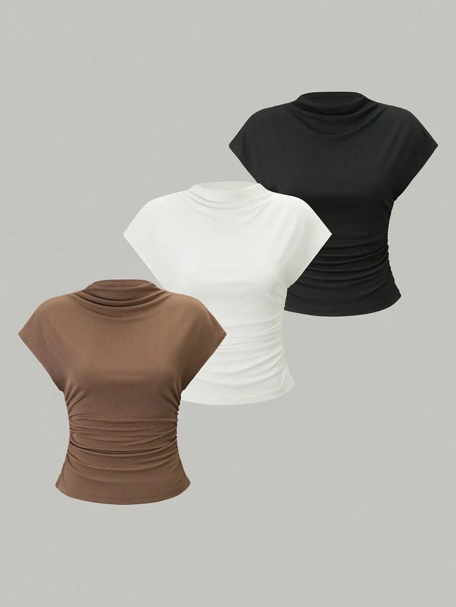 3-Pack Ribbed Mock Neck Short Sleeve Crop Tops in Brown, White, Black
3-Pack Ribbed Mock Neck Short Sleeve Crop Tops in Brown, White, Black