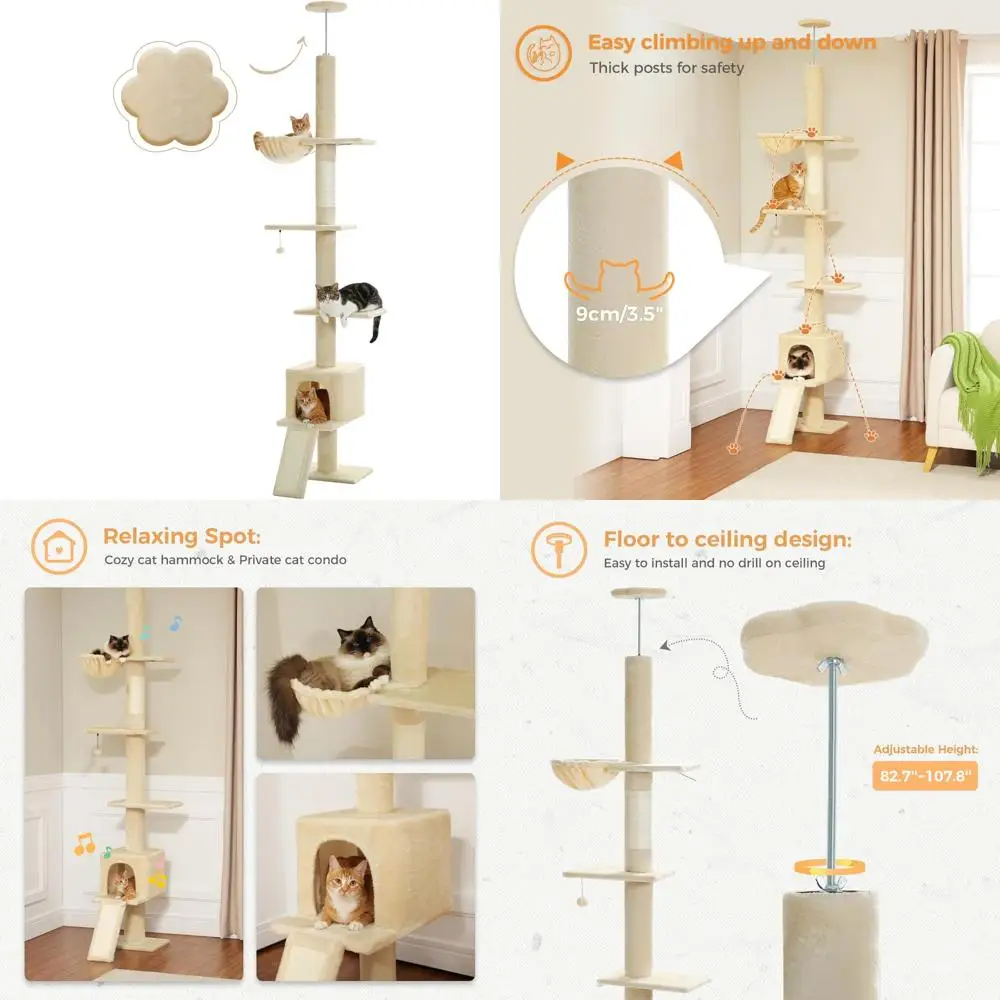 Height-Adjustable 5-Level Cat Tower with Scratching Post and Top Perches for Floor-to-Ceiling Play
Height-Adjustable 5-Level Cat Tower with Scratching Post and Top Perches for Floor-to-Ceiling Play