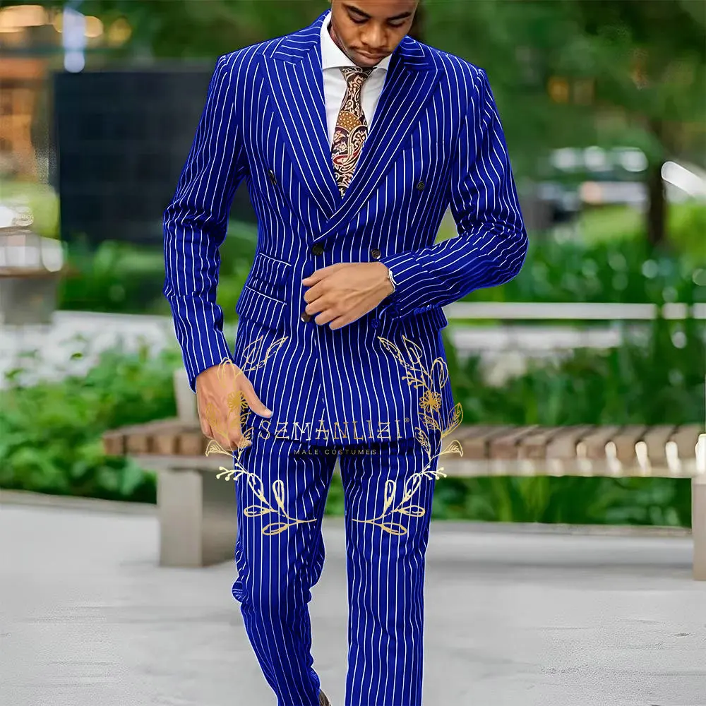 Fashion Double Breasted Peaked Lapel Blazer Royal Blue Striped Men's Suits Custom Wedding Tuxedos 2 Pieces Jacket Pants Outfits
Fashion Double Breasted Peaked Lapel Blazer Royal Blue Striped Men's Suits Custom Wedding Tuxedos 2 Pieces Jacket Pants Outfits