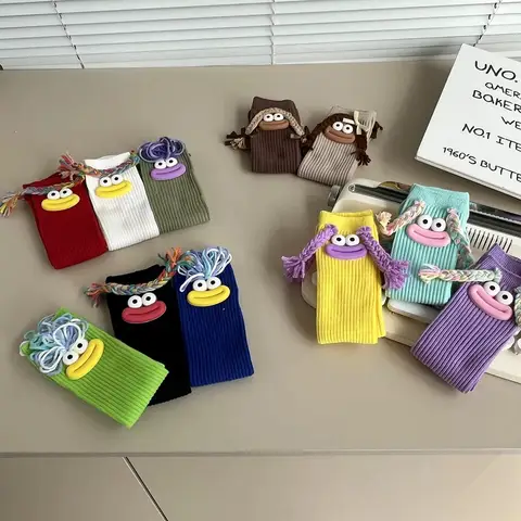 Woman Mid Length Kawaii Cartoon Colorful Sock Girl Big Mouth Braids Funny Cotton Long Socks Female Cute Over Knee High Stockings