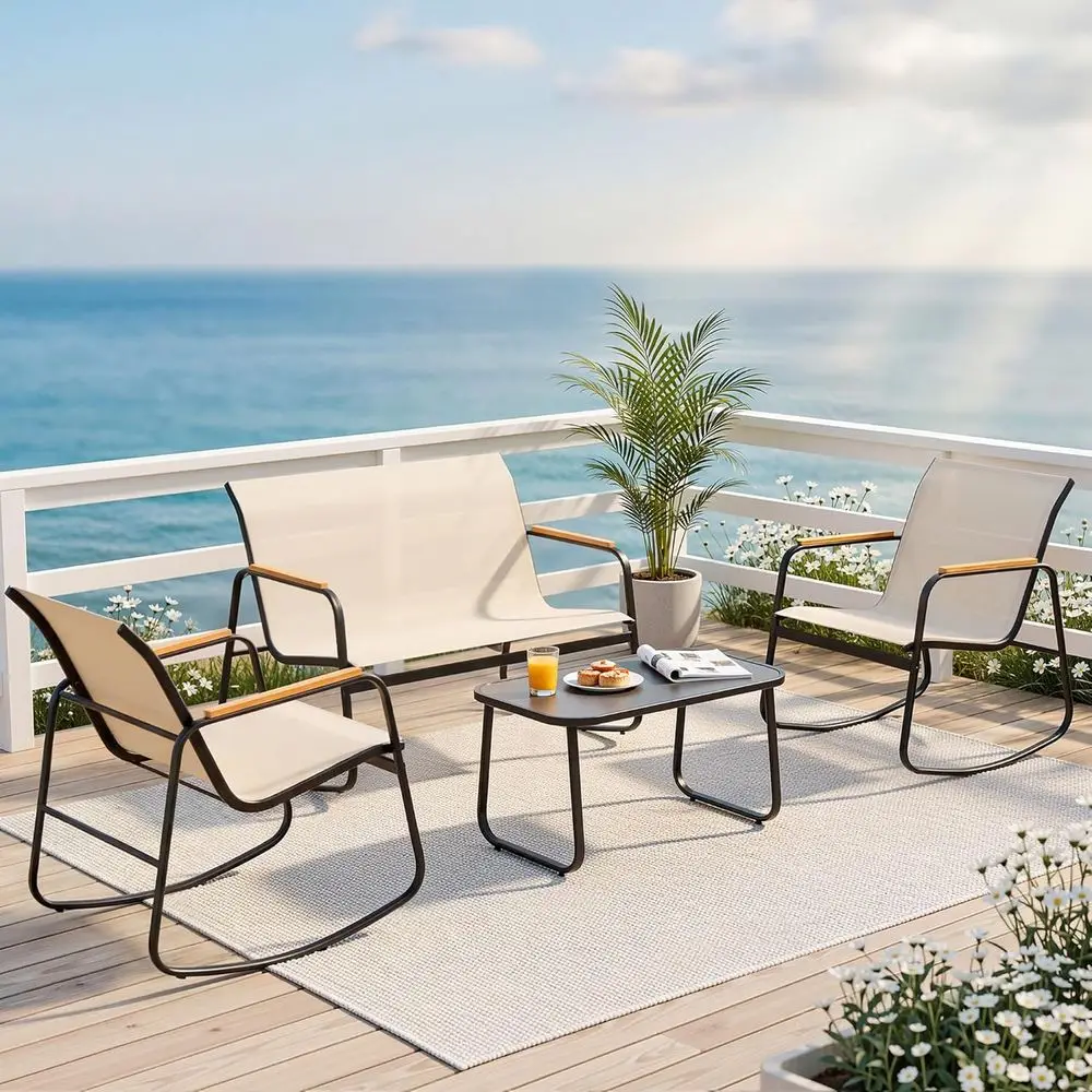 4-Piece Outdoor Patio Furniture Set with Rocking Chairs, Textilene Cushions, Wooden Armrests, and Tempered Glass Table in Brown
4-Piece Outdoor Patio Furniture Set with Rocking Chairs, Textilene Cushions, Wooden Armrests, and Tempered Glass Table in Brown