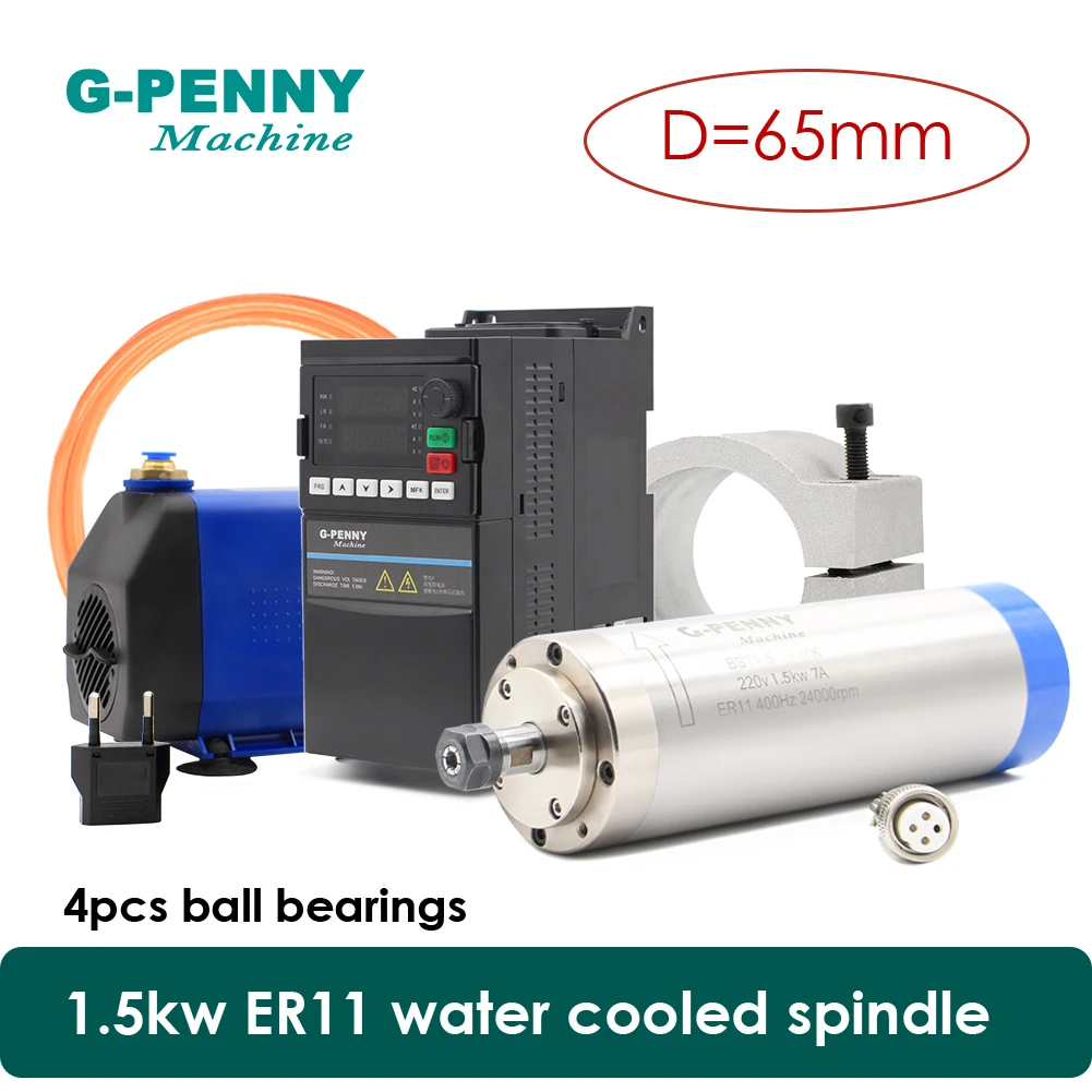 G-penny Water cooled spindle 1.5KW ER11 D65 Spindle for machine & 1.5kw QL VFD & 65mm Aluminium Bracket & 75W Water pump
G-penny Water cooled spindle 1.5KW ER11 D65 Spindle for machine & 1.5kw QL VFD & 65mm Aluminium Bracket & 75W Water pump