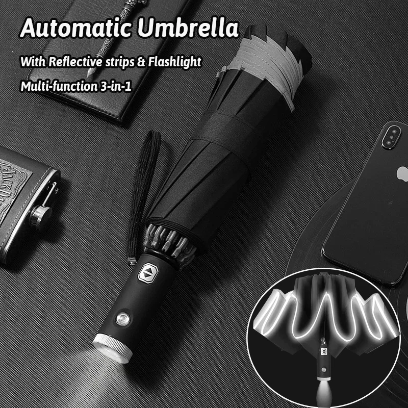Large 10 Bone Solid Color Automatic Umbrella Flashlight Outdoor Sunshade UV Protection Waterproof Reflective Canopy for Safety 
Large 10 Bone Solid Color Automatic Umbrella Flashlight Outdoor Sunshade UV Protection Waterproof Reflective Canopy for Safety