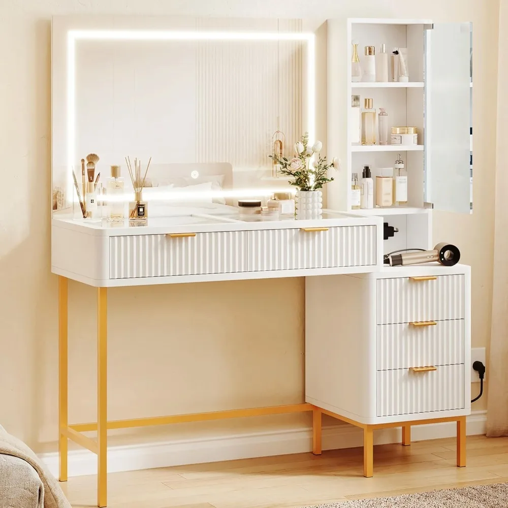fluted makeup vanity desk with large mirror and lights, with 5 drawers, 3 storage shelves, charging station, modern glass top
fluted makeup vanity desk with large mirror and lights, with 5 drawers, 3 storage shelves, charging station, modern glass top