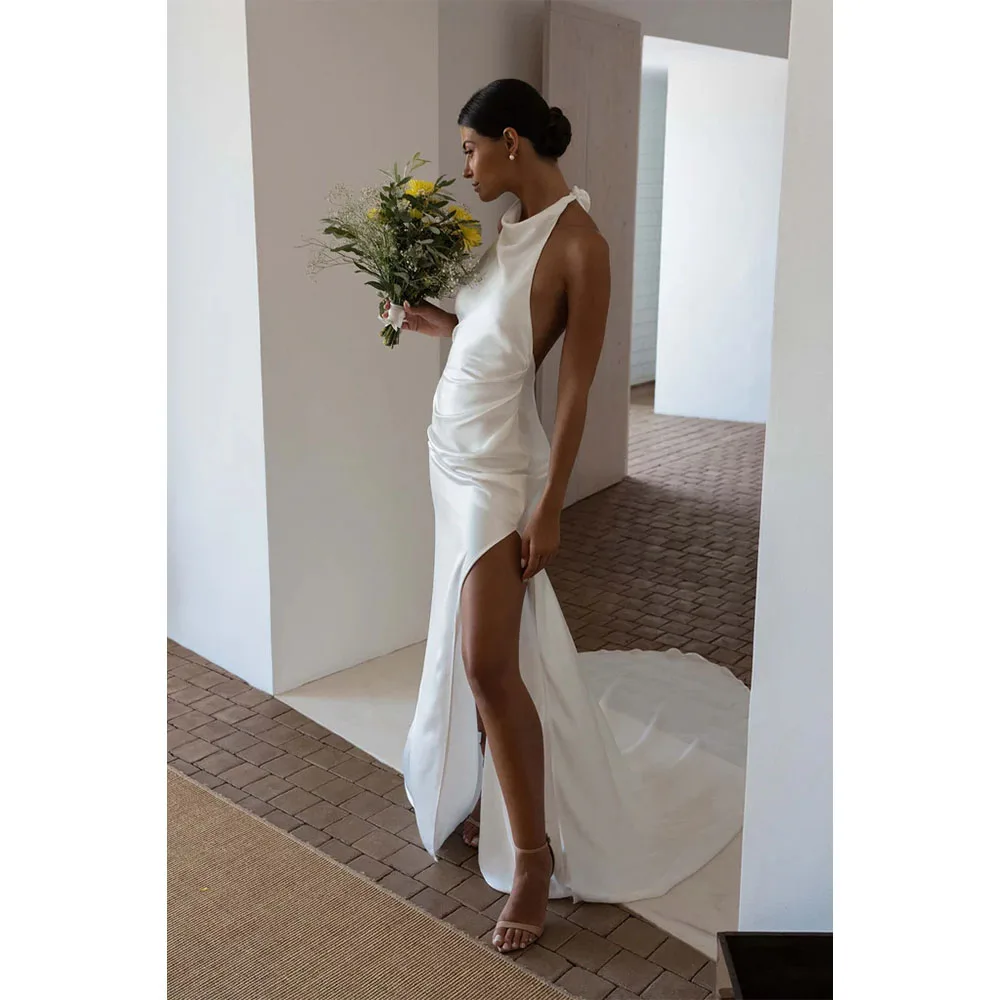 Halter Sleeveless Simple Mermaid Wedding Dress Satin Open Back High Side Slit Bride Dresses Floor Length Bridal Gown Customized
Halter Sleeveless Simple Mermaid Wedding Dress Satin Open Back High Side Slit Bride Dresses Floor Length Bridal Gown Customized