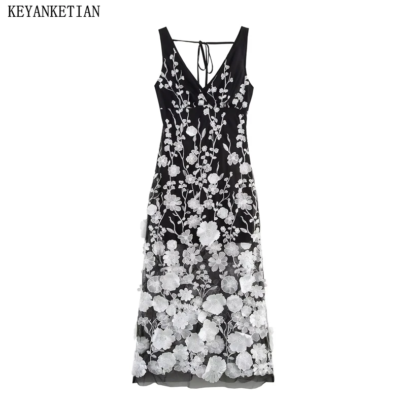 KEYANKETIAN Summer New Women's Flower Embroidered Applique Sleeveless MIDI Dress French Style Lace Up V-Neck Slim Mesh Dress
KEYANKETIAN Summer New Women's Flower Embroidered Applique Sleeveless MIDI Dress French Style Lace Up V-Neck Slim Mesh Dress