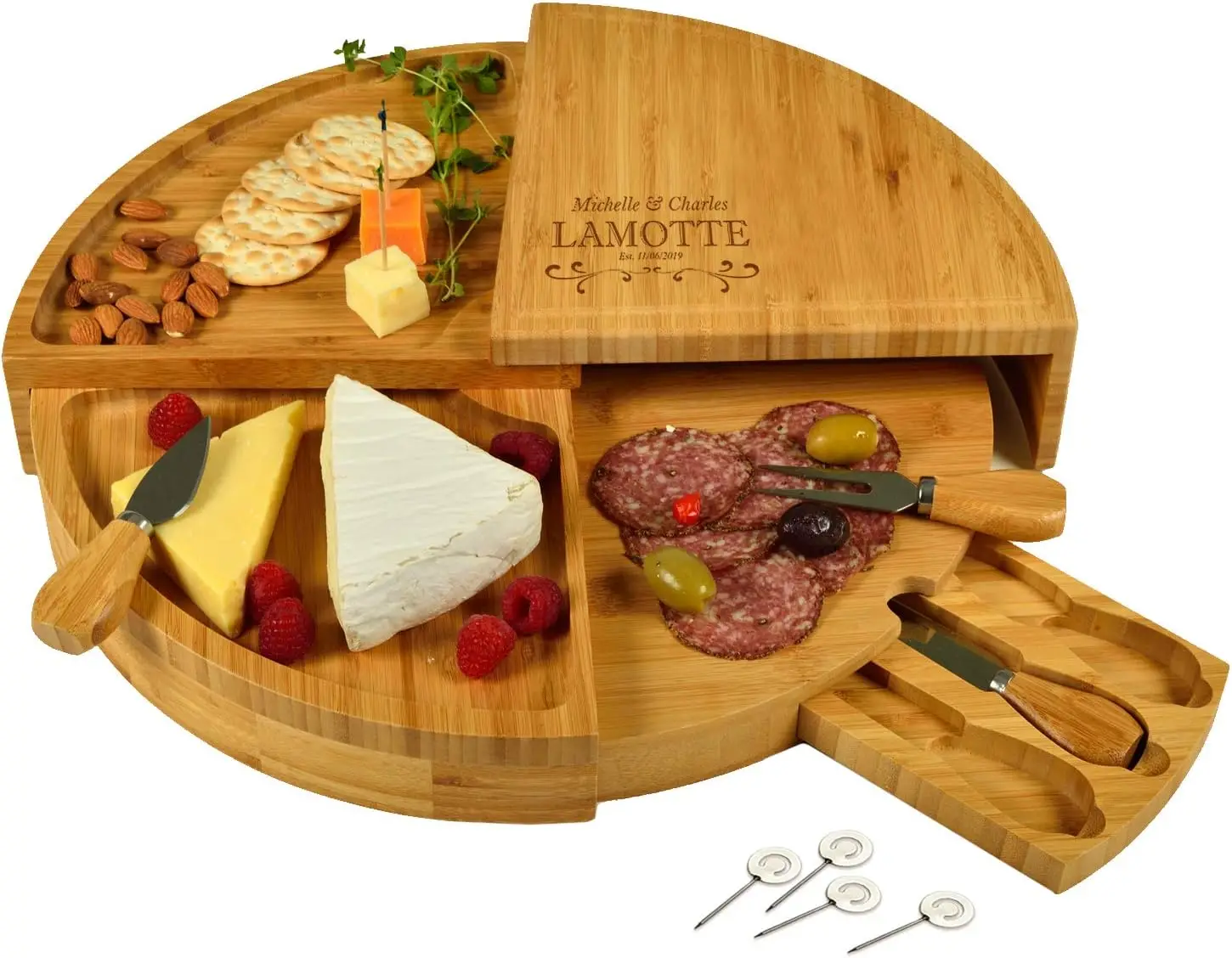 C om Personalized Engraved Bamboo Cheese/Charcuterie Cutting Board with Knives & Cheese Markers - Stores as a Compact W
C om Personalized Engraved Bamboo Cheese/Charcuterie Cutting Board with Knives & Cheese Markers - Stores as a Compact W