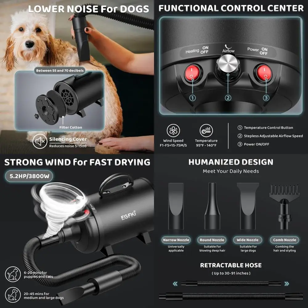 High-Powered 3800W Dog Hair Dryer with Adjustable Speed and Temperature for Grooming, 4 Nozzles Included
High-Powered 3800W Dog Hair Dryer with Adjustable Speed and Temperature for Grooming, 4 Nozzles Included