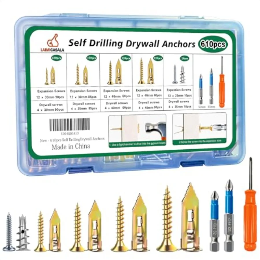 610PCS Self Drilling Drywall Anchors with Screws Kit5Sizes Metal Expansion Bolt for Dry Wall 305 PCS Sheetrock Anchors and 305
610PCS Self Drilling Drywall Anchors with Screws Kit5Sizes Metal Expansion Bolt for Dry Wall 305 PCS Sheetrock Anchors and 305