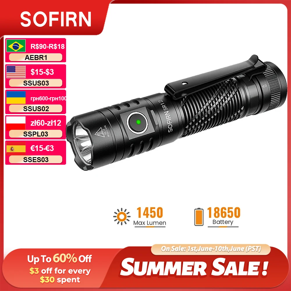 SOFIRN SR12 Flashlight 1450lm Pocket SFT25R LED Spotlight 396m Powerful Torch with Magnetic Tailcap
SOFIRN SR12 Flashlight 1450lm Pocket SFT25R LED Spotlight 396m Powerful Torch with Magnetic Tailcap
