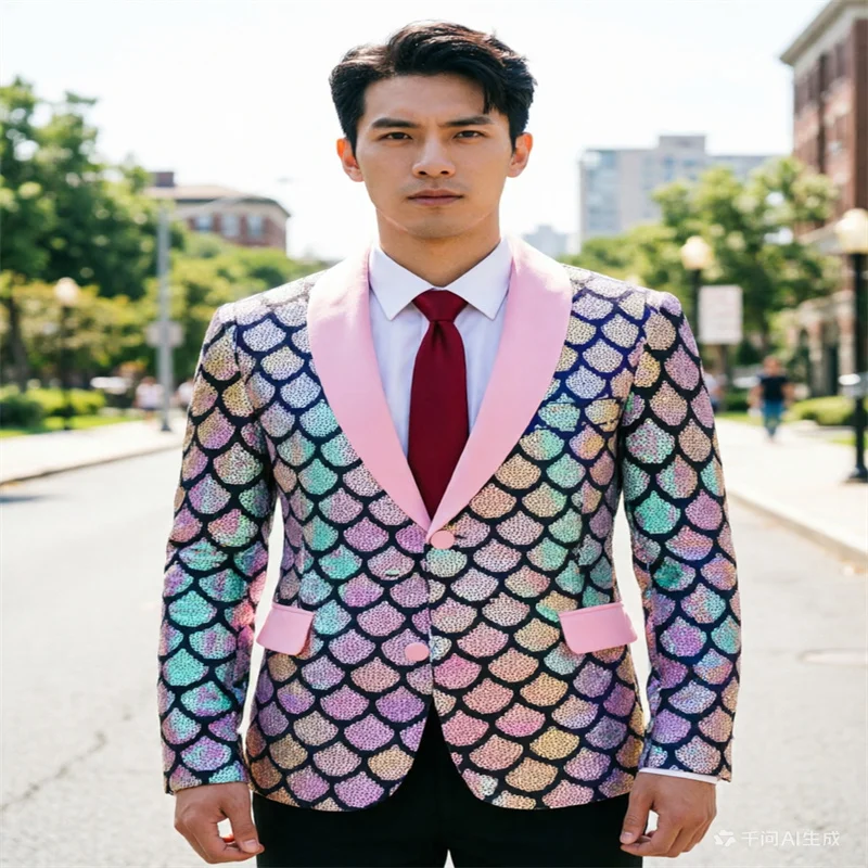 Мужской бархатный иризирующий пиджак с блестящим эффектом рыбьей чешуи, контрастный дизайн, яркий цвет.
Мужской бархатный иризирующий пиджак с блестящим эффектом рыбьей чешуи, контрастный дизайн, яркий цвет.