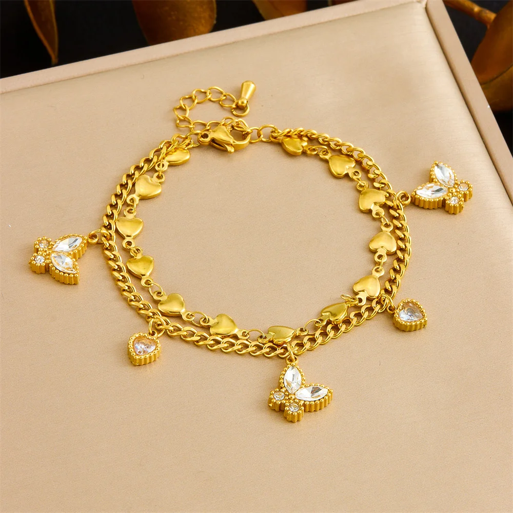 18K Gold Double Layer Charm Bracelet with Butterfly & Heart Cubic Zirconia Charms 316L Stainless Steel Women Jewelry
18K Gold Double Layer Charm Bracelet with Butterfly & Heart Cubic Zirconia Charms 316L Stainless Steel Women Jewelry