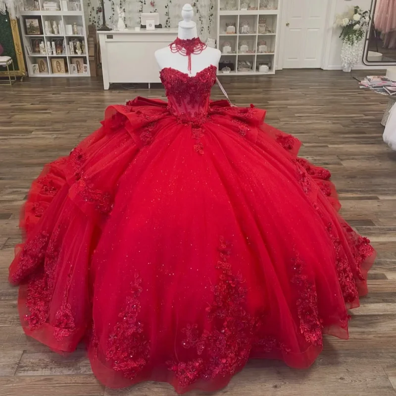 Red Quinceanera Dress off-shoulder Crystal 3D Flower Decal Layering Long tail Bow vestidos de 15 Quinceanera Customize
Red Quinceanera Dress off-shoulder Crystal 3D Flower Decal Layering Long tail Bow vestidos de 15 Quinceanera Customize