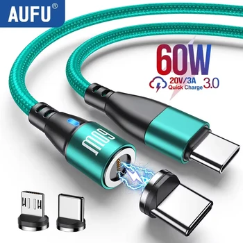 AUFU 60W Magnetic USB Cable Fast Charging USBC To Type C Micro Magnetic Data Cord For Macbook Samsung Xiaomi Magnet Charger Wire