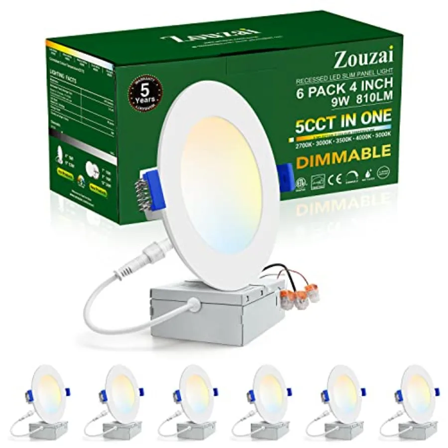 5CCT Ultra-Thin LED Recessed Ceiling Light with Junction Box, 2700K/3000K/3500K/000K/5000K Selectable, 9W Eqv 0W, Dimmable, led
5CCT Ultra-Thin LED Recessed Ceiling Light with Junction Box, 2700K/3000K/3500K/000K/5000K Selectable, 9W Eqv 0W, Dimmable, led
