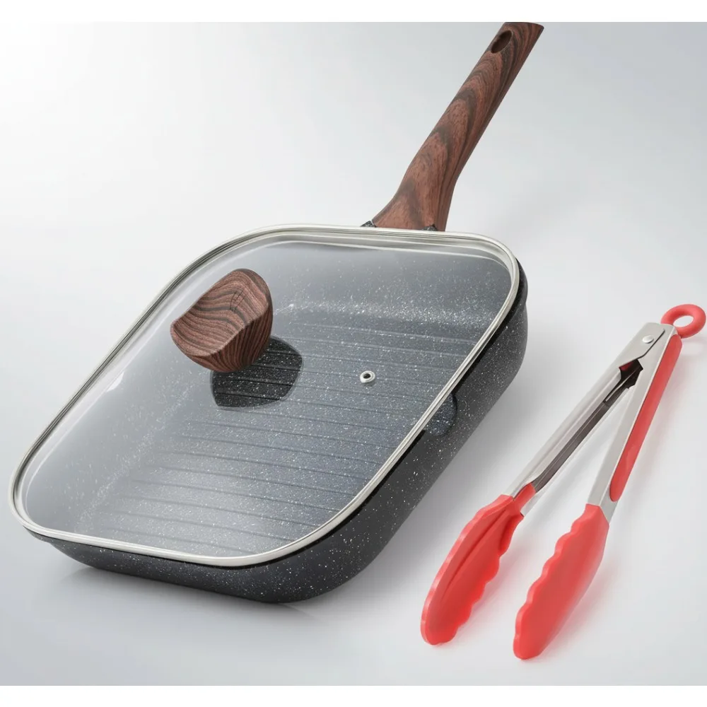 11-дюймовая квадратная сковорода-гриль с антипригарным покрытием и крышкой, сковорода с гранитным покрытием для приготовления пищи в помещении, сковорода без PFOA
11-дюймовая квадратная сковорода-гриль с антипригарным покрытием и крышкой, сковорода с гранитным покрытием для приготовления пищи в помещении, сковорода без PFOA