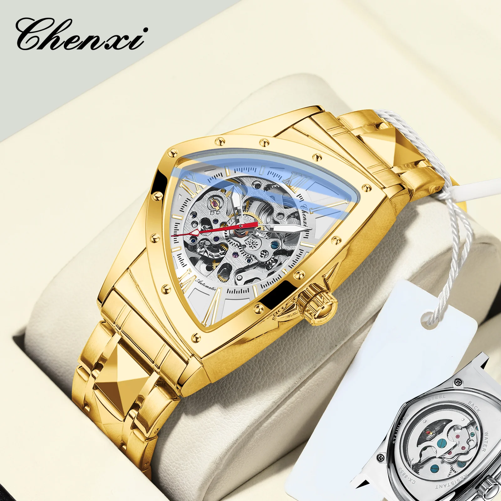 CHENXI Automatic Mechanical Watch For Men Fashion Business Skeleton Waterproof Triangle Dial Gold Watches Stainless Steel
CHENXI Automatic Mechanical Watch For Men Fashion Business Skeleton Waterproof Triangle Dial Gold Watches Stainless Steel