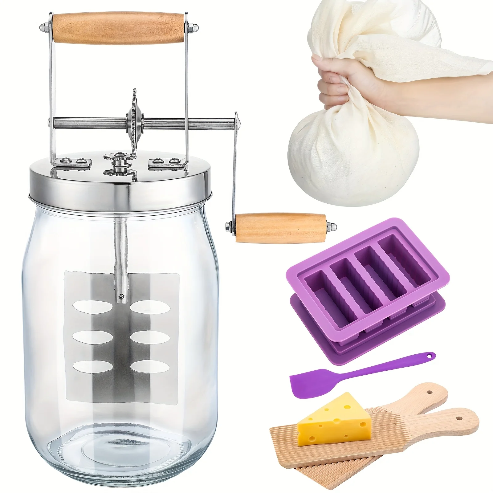 6pcs Butter Churner Hand Crank Mason Jar Set 34Oz Large Hand Crank Butter Churn Manual Butter Maker with Butter Mold Spatulas Cheese Cloth Beech Wood Butter Paddles Butter Making Kit Halloween Christmas
6pcs Butter Churner Hand Crank Mason Jar Set 34Oz Large Hand Crank Butter Churn Manual Butter Maker with Butter Mold Spatulas Cheese Cloth Beech Wood Butter Paddles Butter Making Kit Halloween Christmas